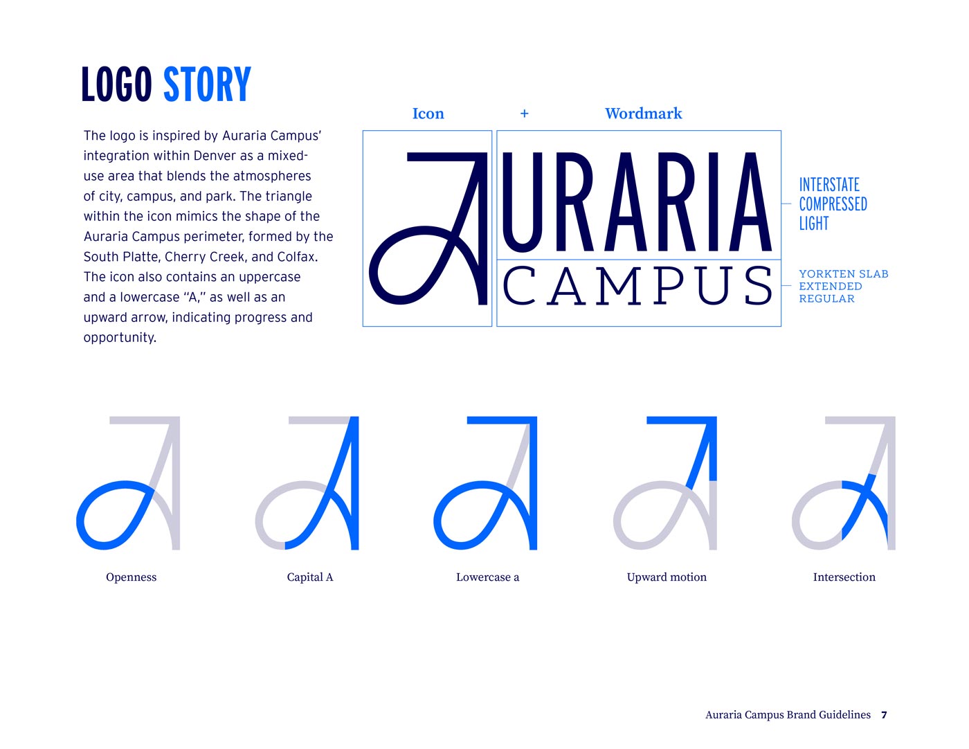 A page from Auraria Campus' brand guide that explains the symbolism behind the logo's design