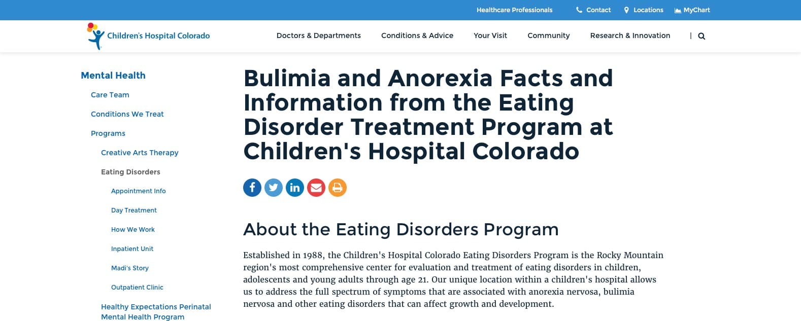 A screenshot for an article about eating disorders on the Children's Colorado website