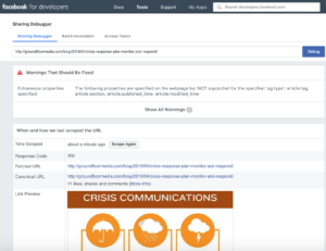 Facebook Link Preview for GroundFloor Media PR Agency Facebook Post on Crisis Response via Facebook Sharing Debugger