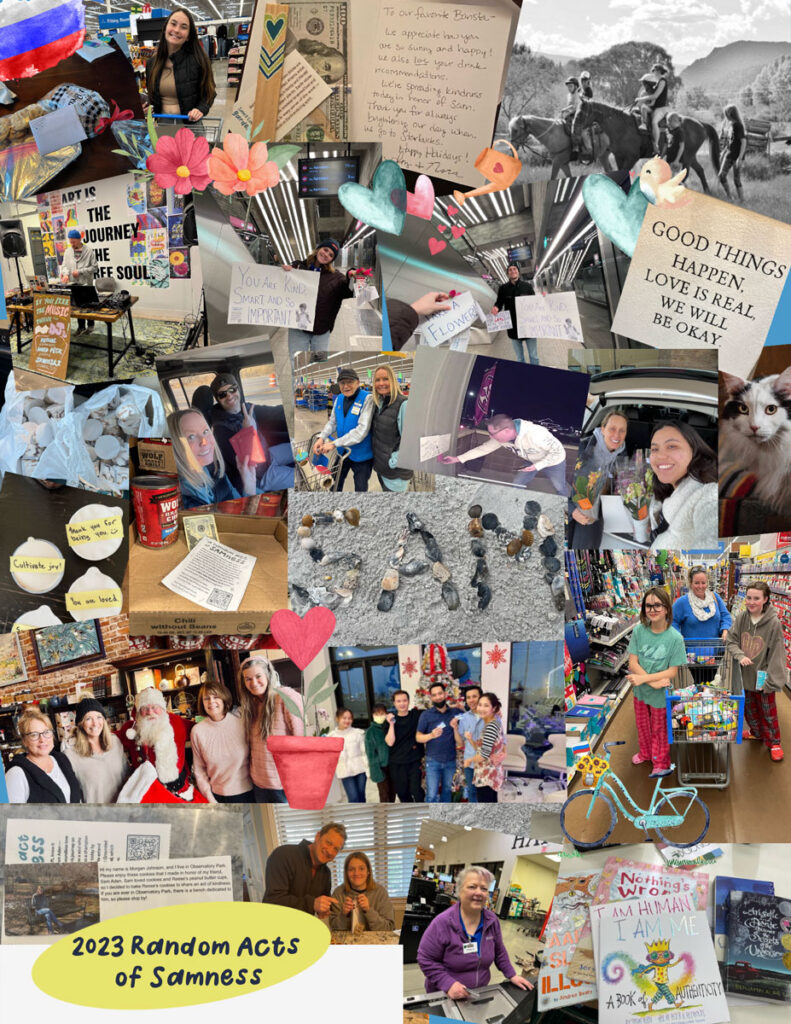 A collage of images of what people did with $100 to celebrate Random Acts of Samness in 2023